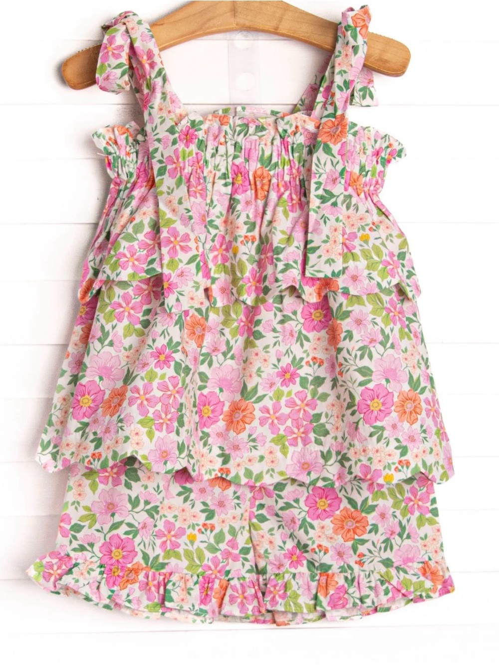 Girls Floral Tie-Shoulder Top and Shorts Set - Pink & Orange Bloom